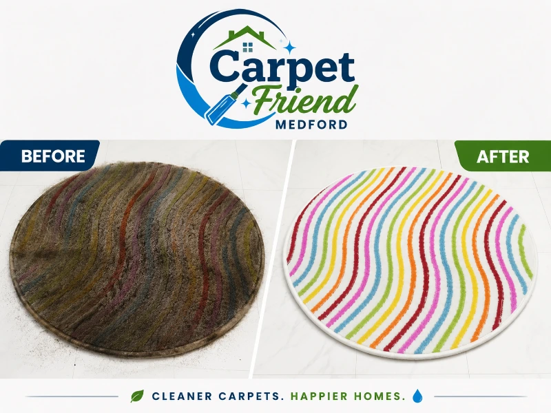 Before and after colorful area rug cleaning in Medford Oregon - deep soil removal by Carpet Friend Medford