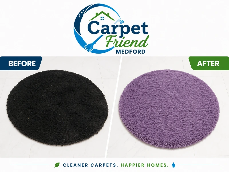 Before and after round rug cleaning Medford Oregon - IICRC certified hot water extraction results
